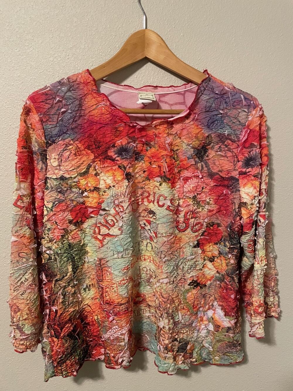 Jess & Jane Top Womens Large Multicolor Floral Crinkle Stretch Artsy Boho